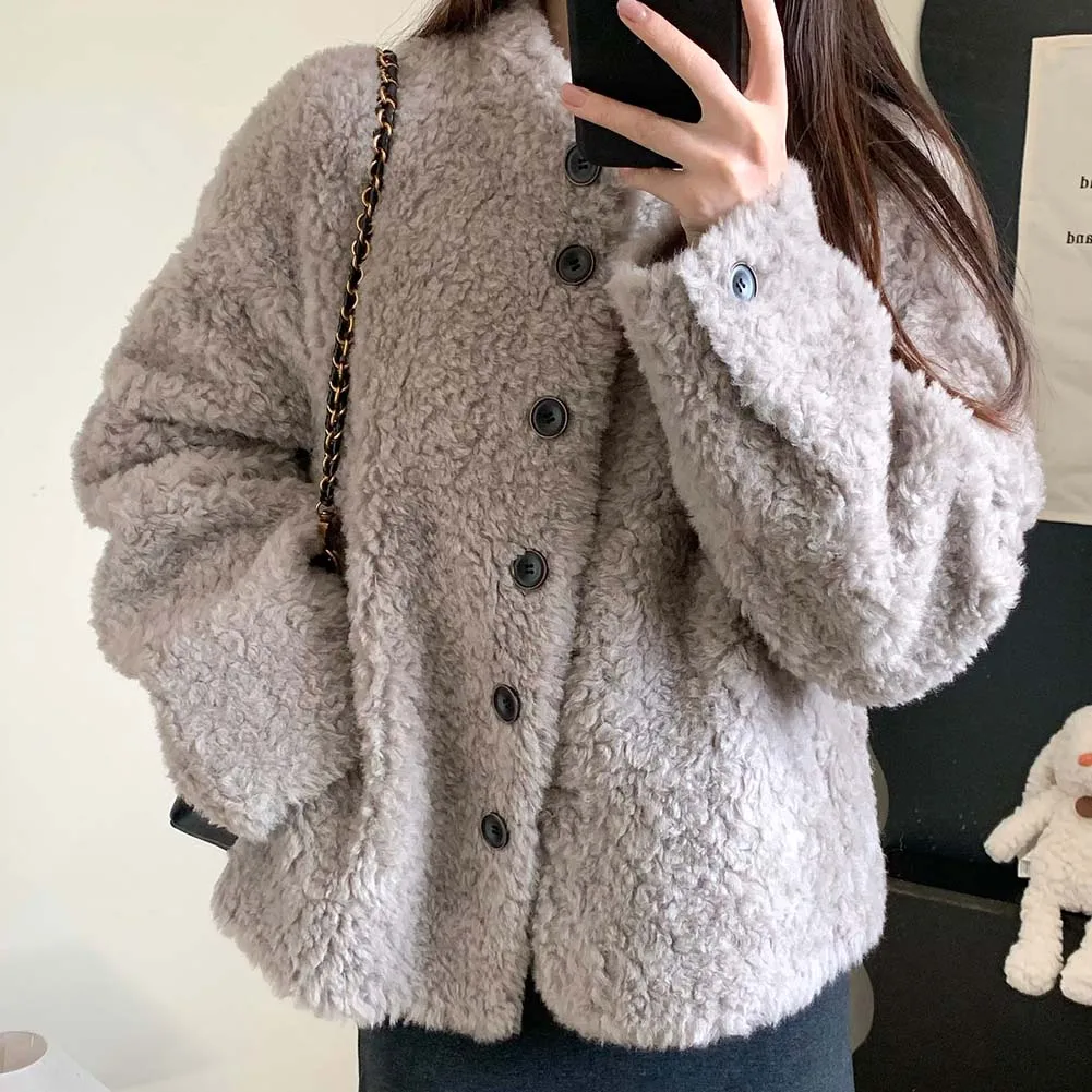 

Vintage Plush Stand Collar Wool Lamb Fur Coats Women Loose Warm Fluffy Coat Female Korean Winter Street Wool Lamb Outwear