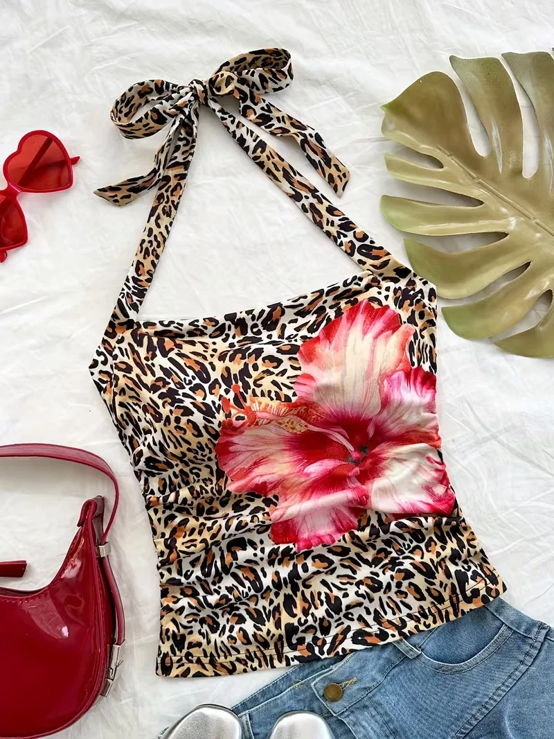 

Women's summer vacation style leopard print halter neck back tie vest