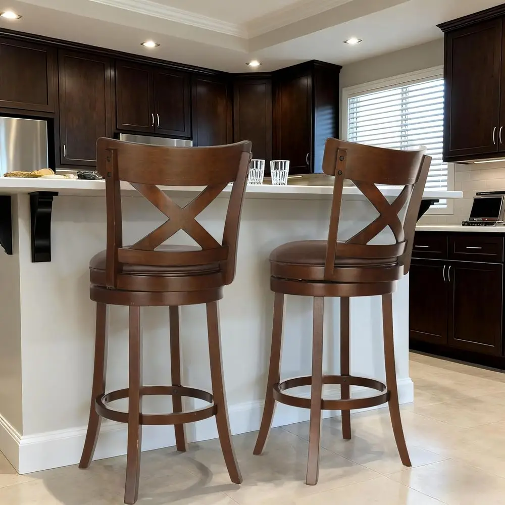 Lot de 2, 30 tabourets de bar pivotants avec dossiers, sièges en similicuir, cadre en bois, pour îlot de cuisine ou pub, finition noyer