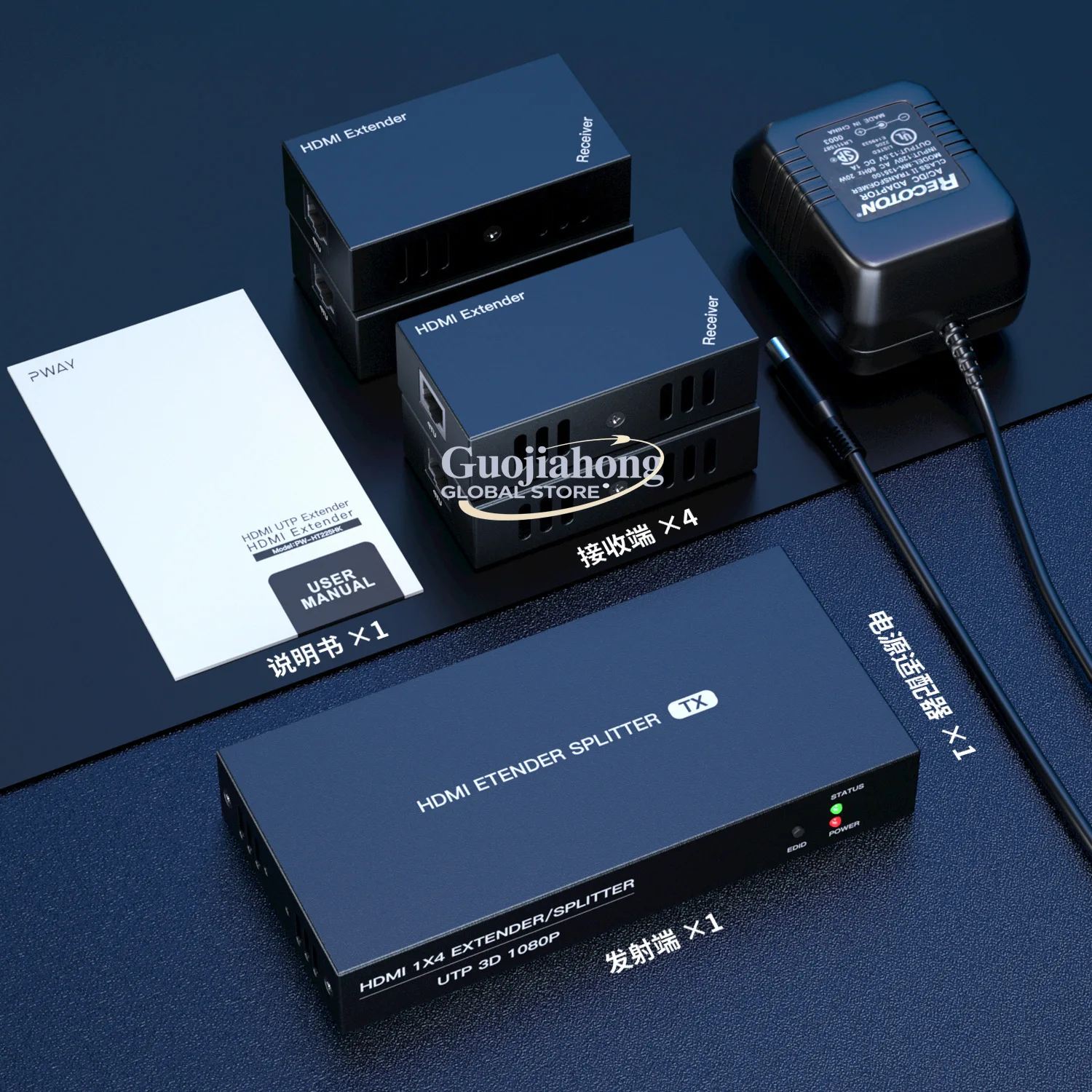 

1X4 Extender 60m 1-to-4 Extension Splitter POC Single Power Supply Network Cable to HD