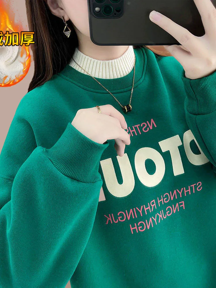 Fashionable Thickened Fleece Hoodie Women's Half High Collar Single Piece Commute Style Korean Version Long Sleeve Sweatshirt