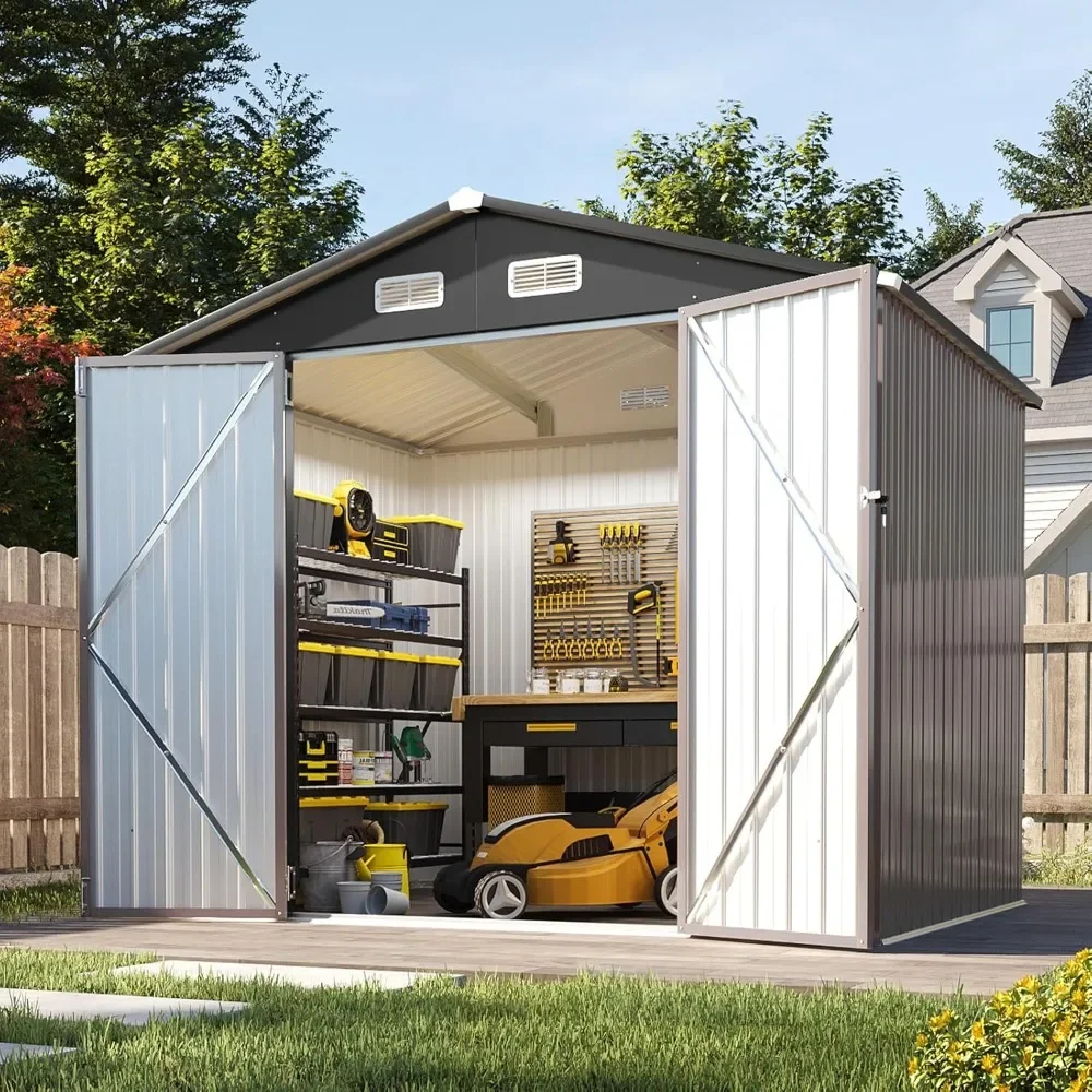 

8x6 FT Outdoor Storage Shed Garden Metal Shed with Lockable Door Outdoor Large Shed for Tool, Garbage Can, Bike, Mower, Brown