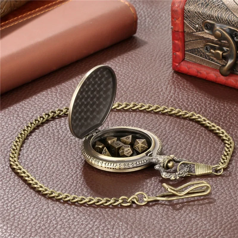 Bronze Fist Pattern Pocket Watch Case FOB Pendant Chain 7 X Metal Polyhedral Dice Set Table Role Play Gaming Accessory Dices