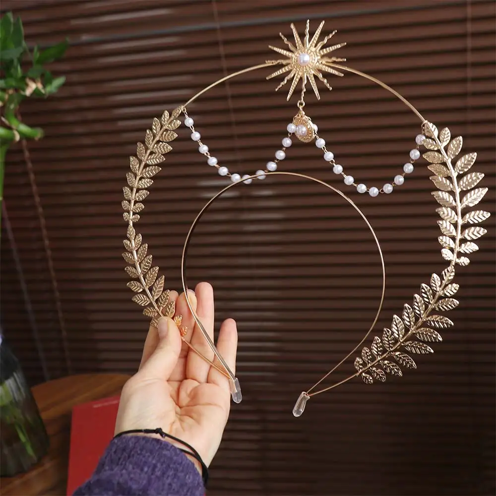 

Fashion Sun God Glory Headband Gold Pearl Baroque Crown Halloween Costume Fashion Show Hair Accessories Tiara Headdress Party