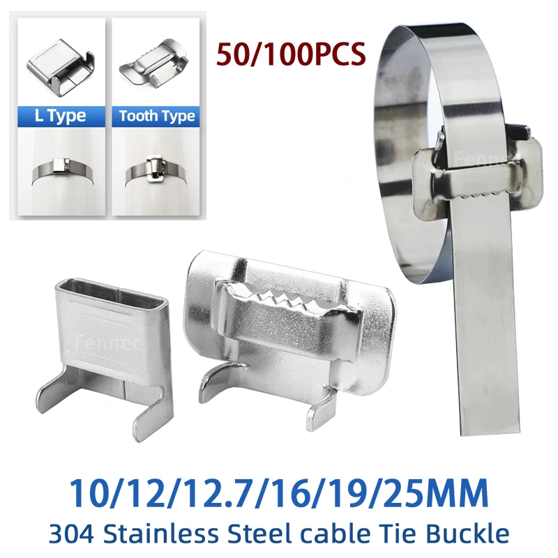 304 Stainless Steel Cable Tie Buckle 10/12/12.7/16/19/25mm L-type Buckle Wrap Zip Ties Packaging Tooth Buckle Connector