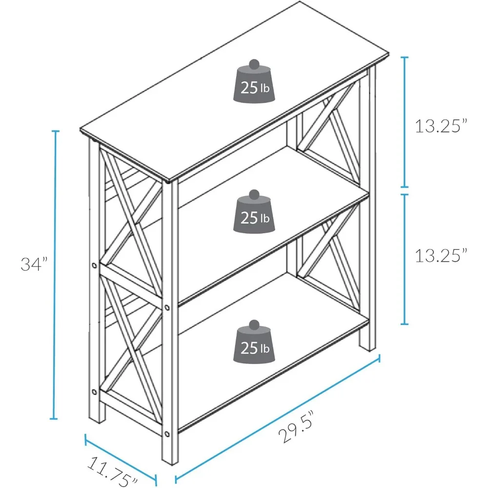 Modern White 3-Shelf Bookcase with X-Design, Easy Assembly for Home Office Storage