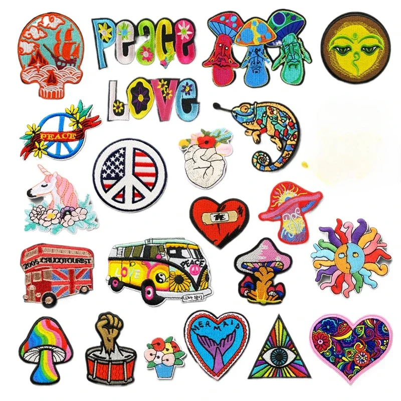 Love Peace Sign Skull Embroidery Patches for Clothing Appliques Clothes Stickers Iron on Bags Kid Dress Decoration Western Style