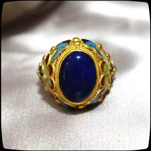 

Винтажное кольцо ручной работы из серебра с эмалью и лазуритом в форме цветка для традиционных китайских украшений (Хань)