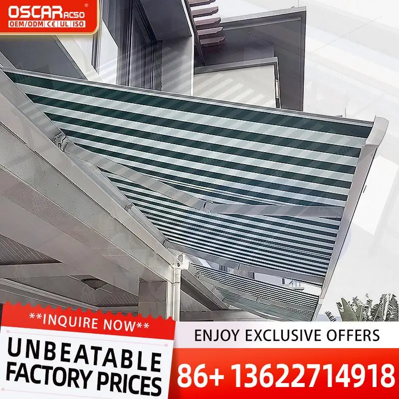 

Outdoor Aluminum LED Light Motorized Remote Control Fabric Roof Sunshade for Garden Patio Terrace Retractable Awning