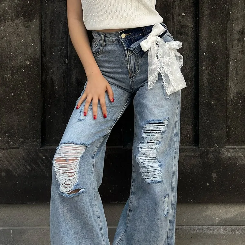 High Waist Tassel Broken Denim Shorts Frayed Hollow Tassel Female Summer Korean Straight Wide Leg Loose Y2K Hip Hop Jean Women