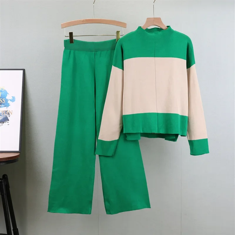 2024 Autumn New Fashion Loose Color Matching Crew Neck Pullover Sweater Wide Leg Pants Casual Two Piece Sets Womens Outifits