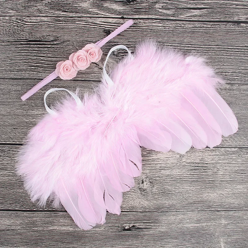 2pcs/set Newborn Angel Feather Wings with Baby Girl Rose Flower Headband Hair Accessories Infant Photography Props Gifts Set