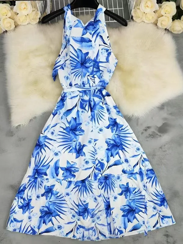 Casual High Waist Printed Svel Ne Hanging Dr Women's Loose Fit round Ne Gown Daily Wear Summer 2025 Polyester