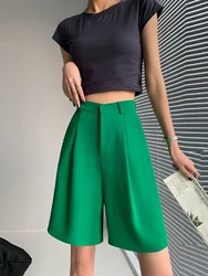 Short long taille haute pour femme, longueur aux genoux, short de bureau large, noir bonbon, classique, blanc, été, 2024