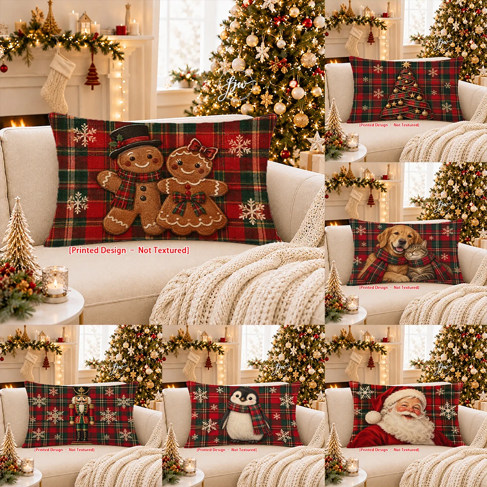 1pc Christmas Plaid Throw Pillow Covers Gingerbread Man Santa Penguin Dog Cat Nutcracker Cushion Covers for Sofa Bed