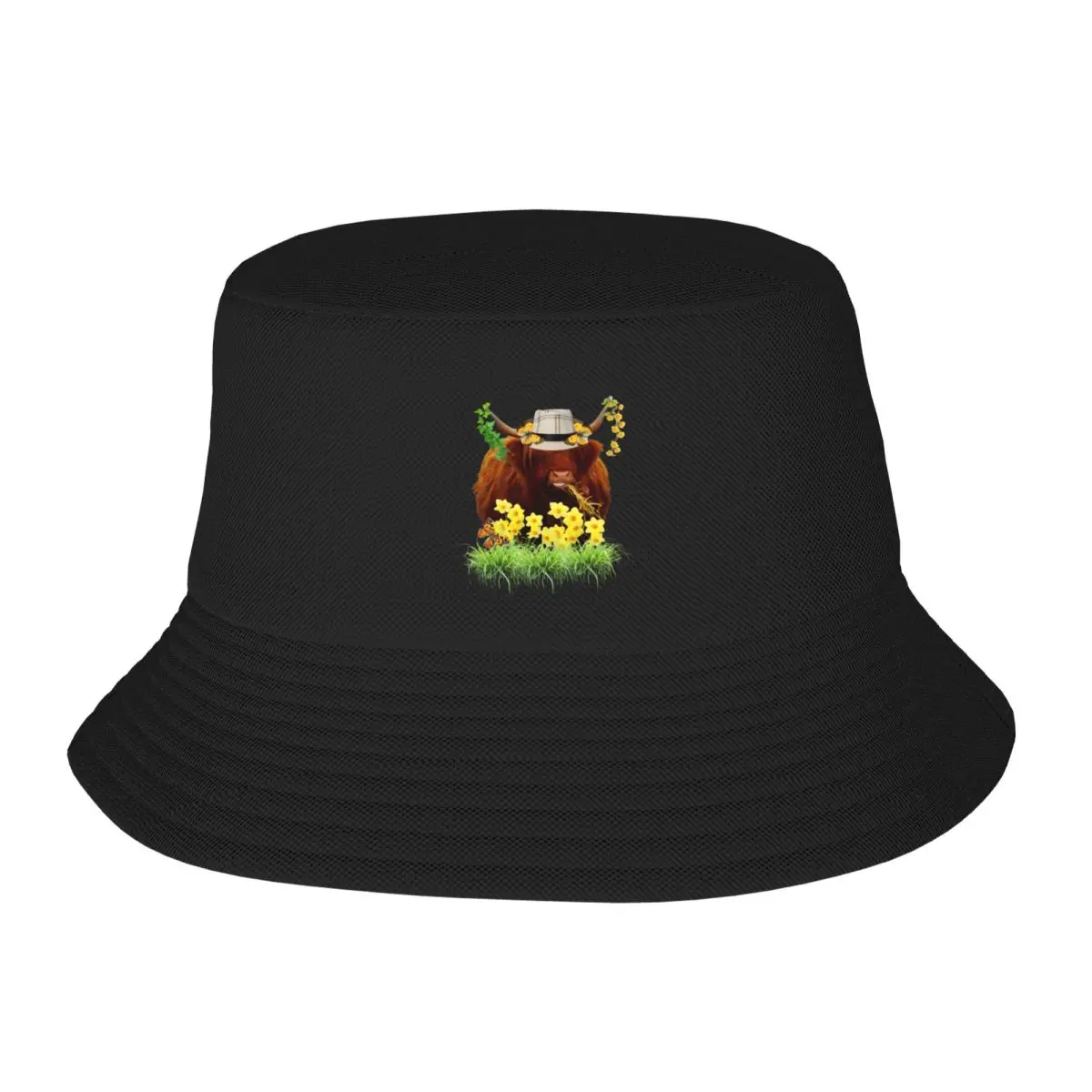 New Highland Cow with Daffodils Bucket Hat Anime cute Luxury Cap Beach Bag Men's Hats Women's