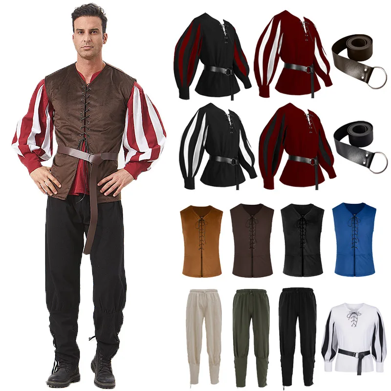 Retro Medieval Play Performance Shirt Color Block Tie Neck Cosplay Top Women's Ethnic Costume Stage Outfit Chinese Production