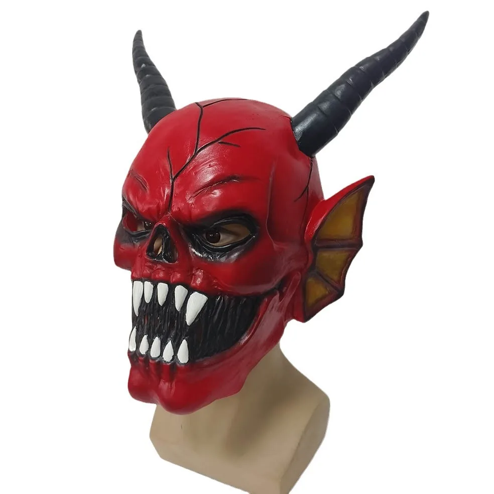 Roter Teufel Dämon Latex Vollkopfmaske für Erwachsene Gruselige Horror-Cosplay-Maske mit Hörnern Halloween-Party Kostüm-Requisiten – Detail 5