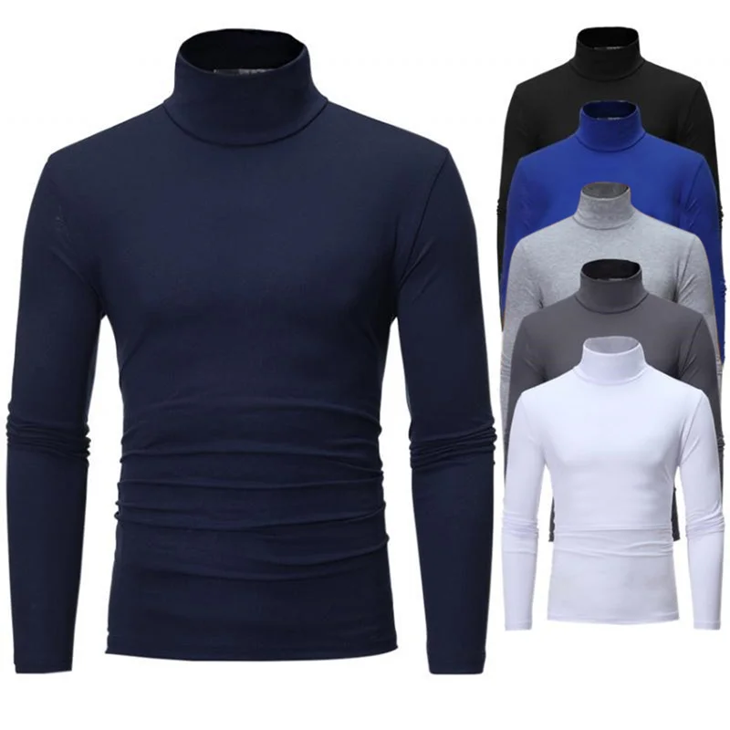 Fashion Men's Casual Slim Fit Basic Turtleneck High Collar Pullover Male  Thin Tops Basic Bottoming Plain T-shirt