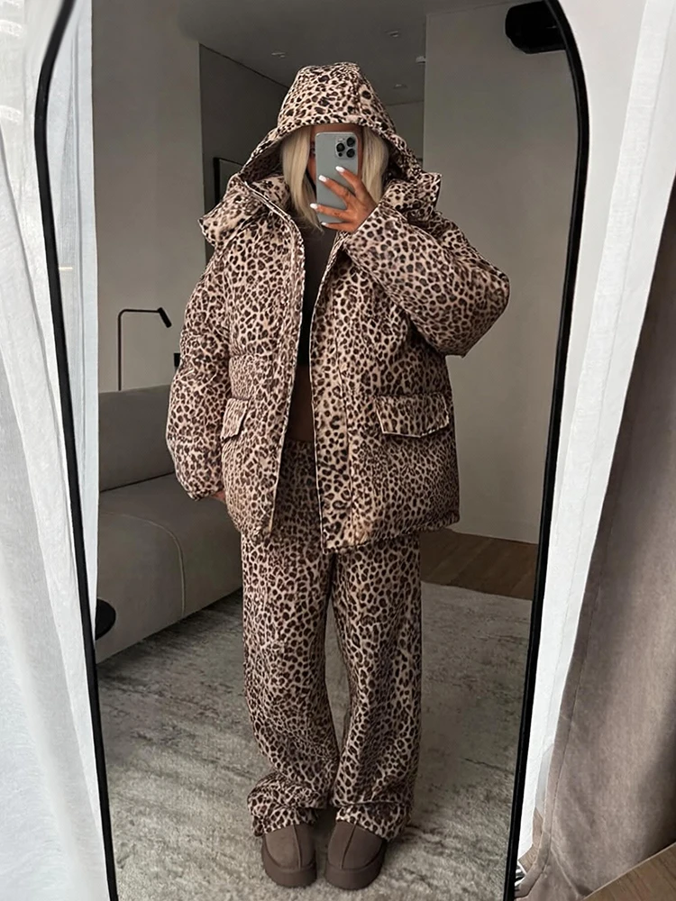 Chic Women Winter Padded Jacket Leopard Stand Collar Long Sleeve Pockets Zipper Female Coat And Pants Fashion Lady Streetwear