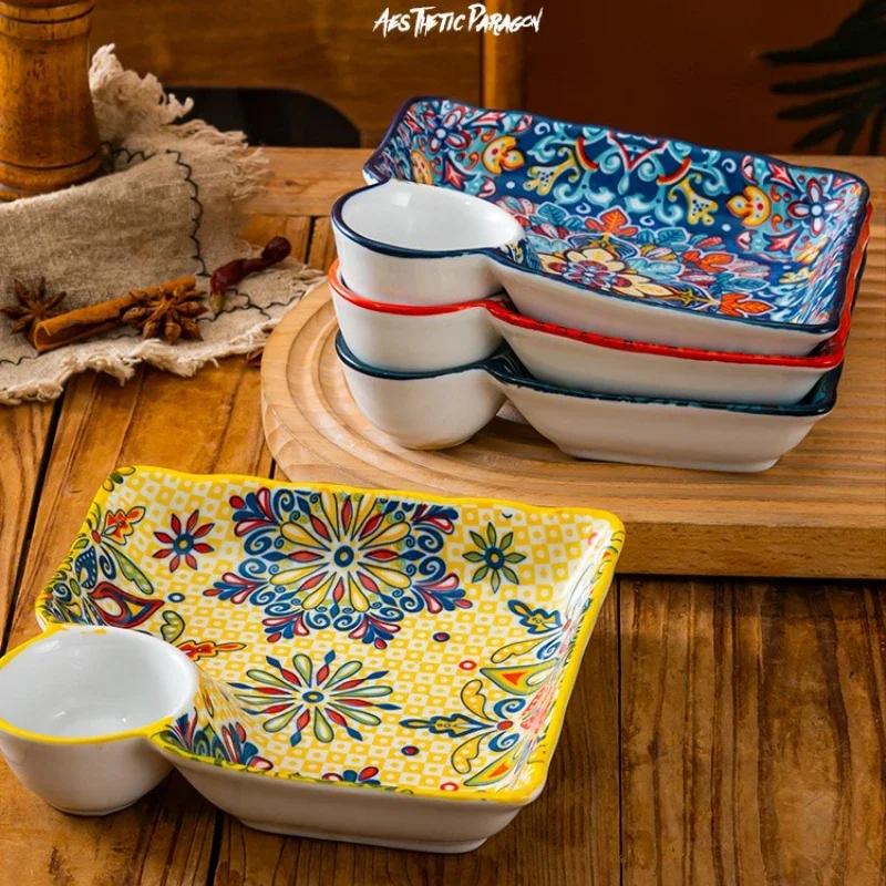 Dumpling Plate with Dipping Sauce Plate Ceramic Household Creative High-Appearance Level Tableware Divided Breakfast Fruit Plate