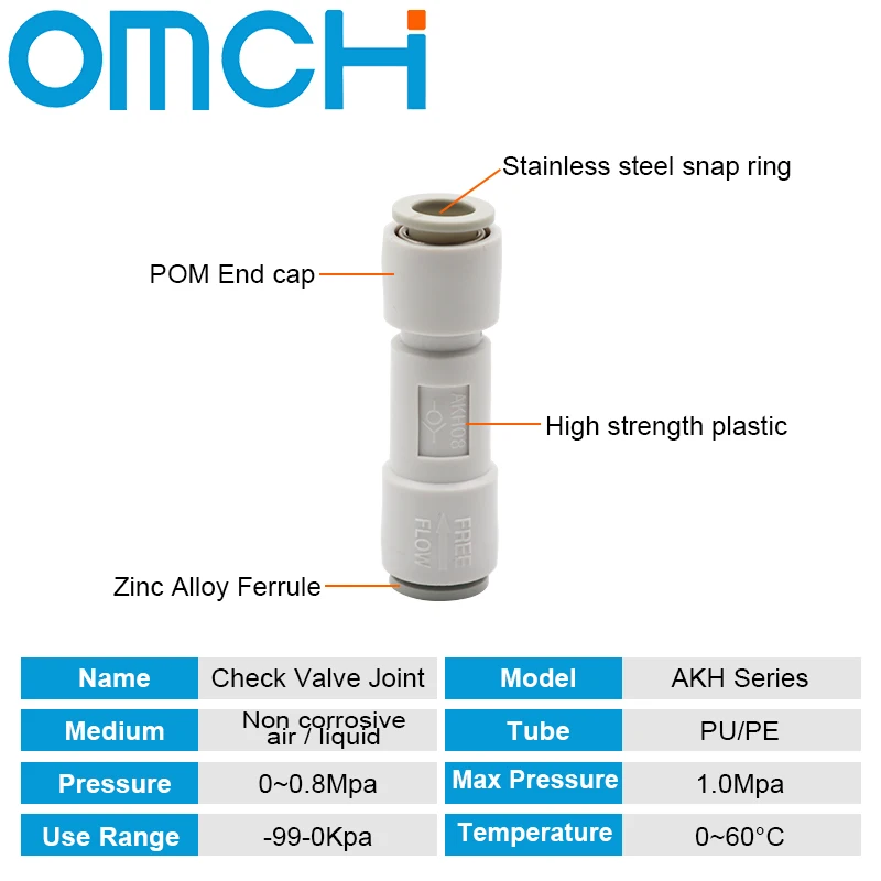 AKH One-Way Check Valve AKH04/06/08/10/12-00 Quick Connect Fittings for Air Tube Non-Return Valve