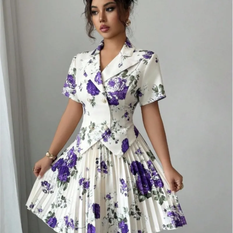 

Women Floral Print Slim Short Sleeve Lapel Pleated Mini Skirt Two Piece Sets Elegant Rose Print Party Ensemble Dating Evening