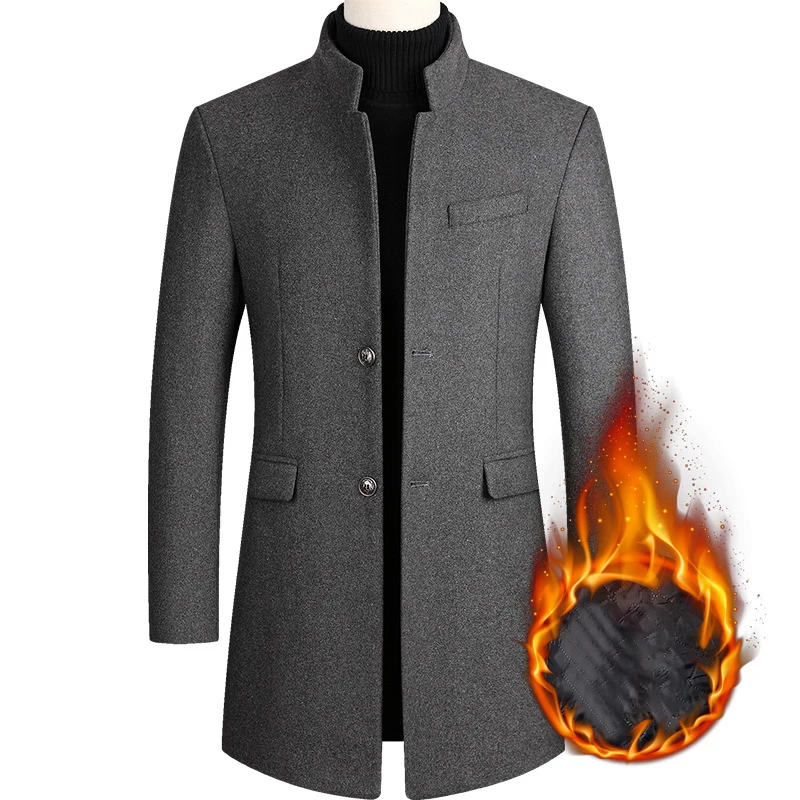 

Mens Wool Trench Coat Winter Thickened Warm Stand Collar Overcoat Fashion Casual Medium Long Slim Fit Windbreaker abrigo hombre