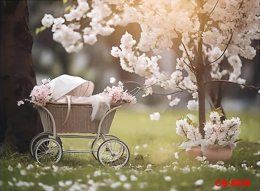 Spring Scenic Backdrop Sweet Flowers Photography Background Meadow Floral Blossoms Garden Florets Grassland Park Trees Kid Baby