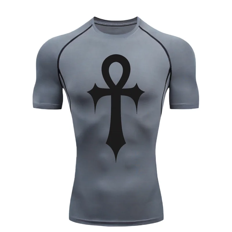 Cross Pattern Design Men's Sports T-shirt Training Fitness Compression Short Sleeve Rashguard for Men Gym Workout Athletic Tees