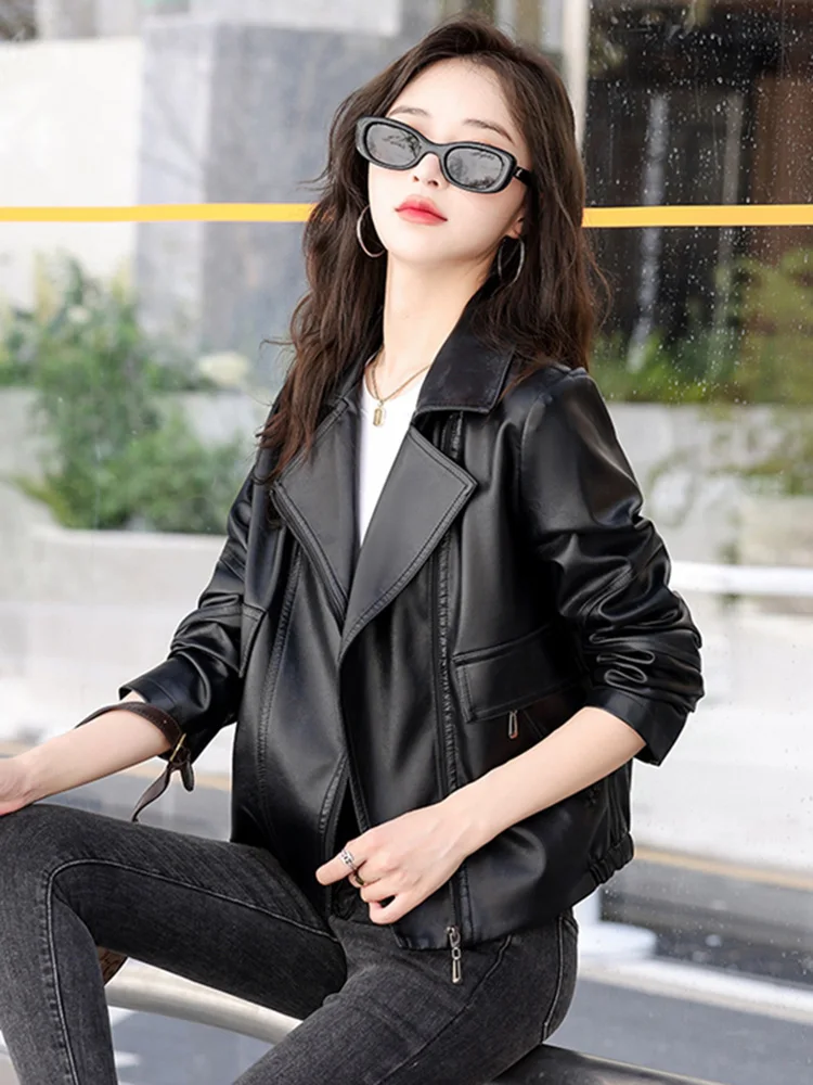 New Women Leather Jacket Spring Autumn Fashion Moto & Biker Style Turn-down Collar Split Leather Casual Loose Short Leather Coat