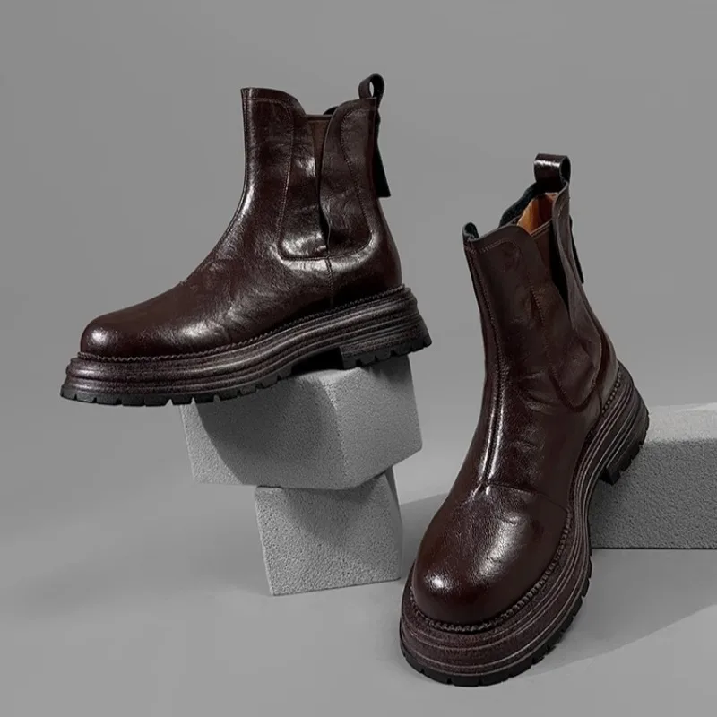 

Итальянские ботильоны «Челси» из воловьей кожи, женские мотоциклетные осенне-зимние ботинки из натуральной кожи с круглым носком и толстой подошвой, женская обувь