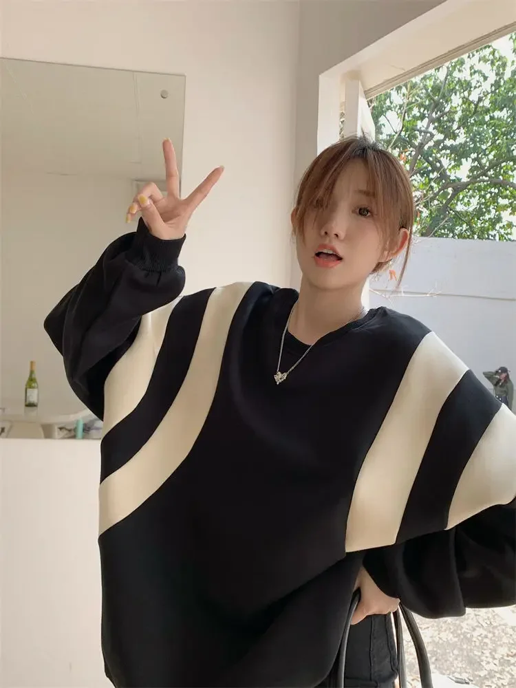 Oversized Lazy Stripe Spliced Contrast Sweater with Autumn and Winter Design Small and Super Loose Round Neck T-shirt Ins Top