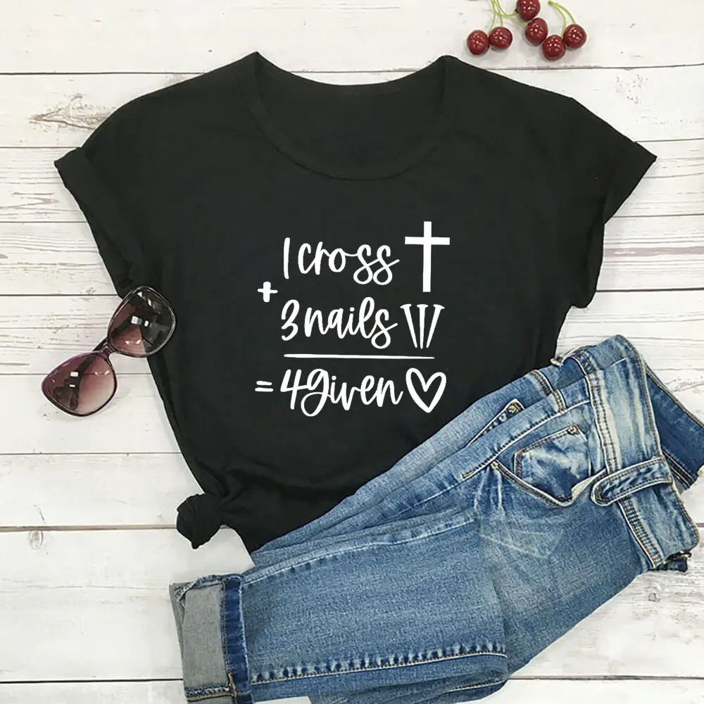 

Cross Nails Forgiven New Arrival Christian Shirt 100%Cotton Women Tshirt Unisex Funny Summer Casual Short Sleeve Top Faith Tee