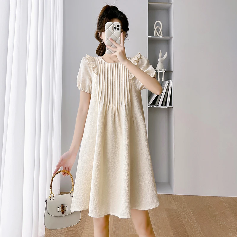 

2024 Summer Pregnancy Lactation Dress Puff Sleeve Ruffles Patchwork Maternity Pleated Dress Sweet Pregnant Woman Breastfeeding