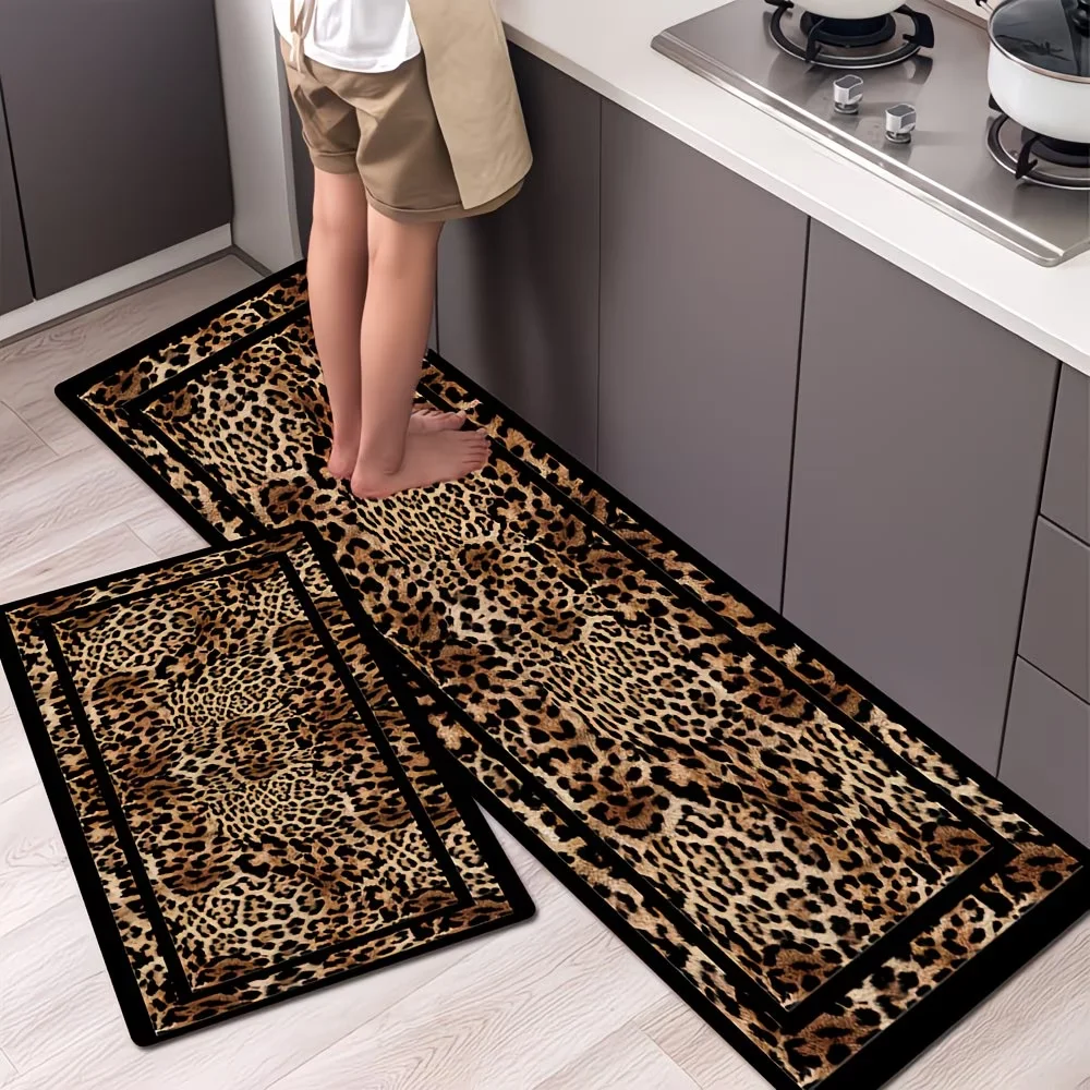 Stylish And Classic Leopard Print Kitchen Rug Non-Slip Washable Kitchen Floor Mat for Kitchen, Living Room, Bathroom Door Mat