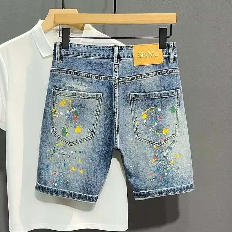 

Ripped with Pockets Skinny Man Denim Shorts Slim Short Jeans Pants for Men Stretch Buttons Xxxl Retro New in Thin Y2k Fashion Xl