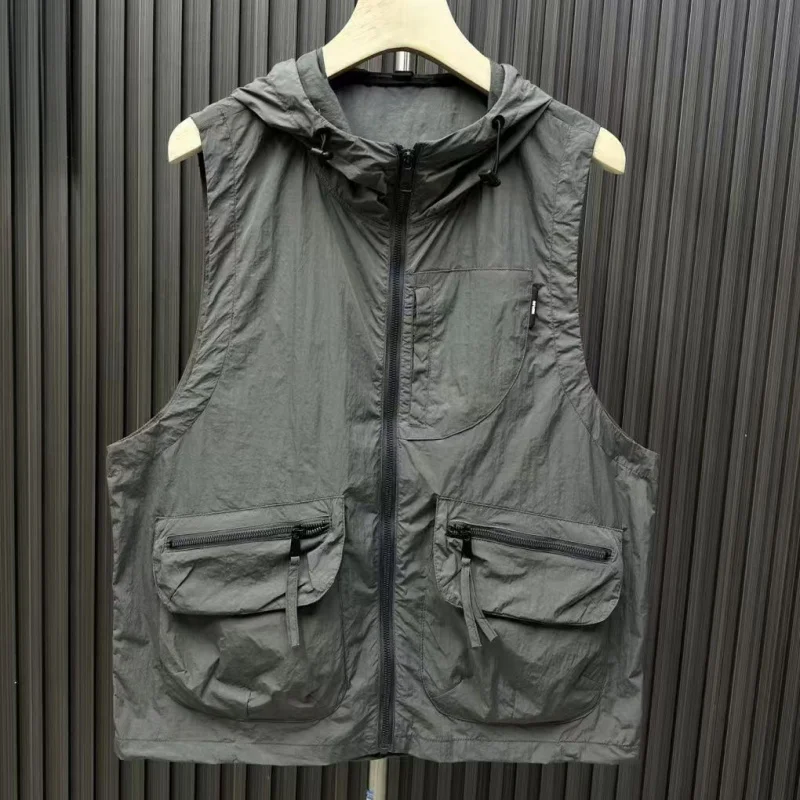 Men's Summer New Outdoor Quick Dry Sun Protection Sleeveless Vest Fashion Solid Color Loose Multi-Pocket Casual Sports Waistcoat