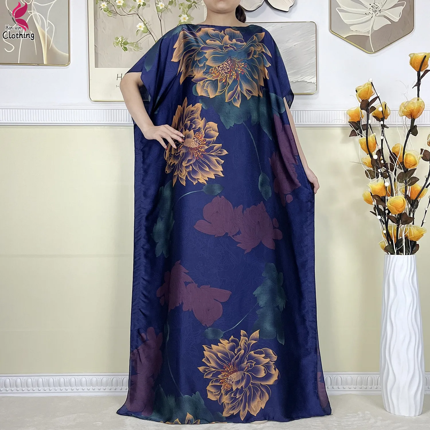 Summer African Women Short Sleeve Long Dress High-Quality Soft Silk Printed Muslim Lady Loose Robe Dubai Kaftan Dress With Scarf