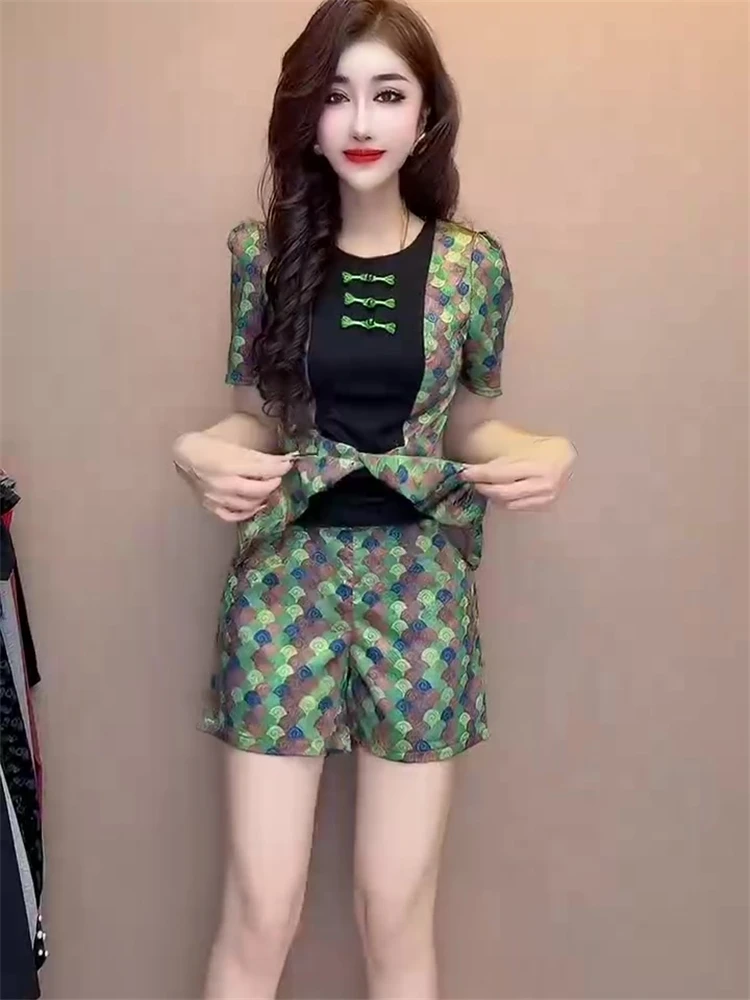 

New Chinese style women's 2025 summer retro printing short sleeve top+causal shorts commute fashion two-piece set