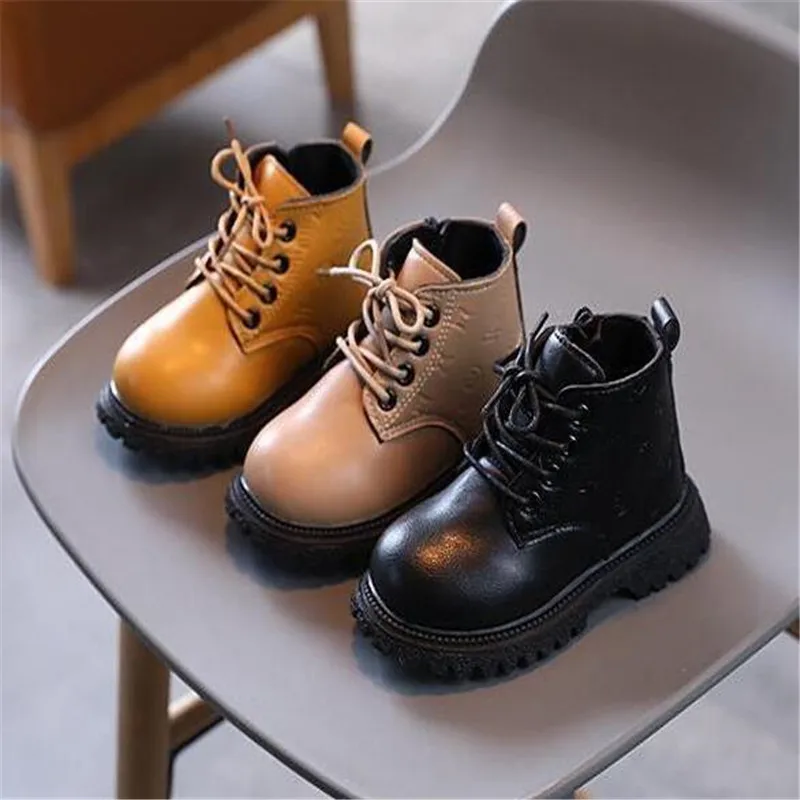 2022 Girls Short Boots New Autumn Winter Cotton-padded Boots Little Boys Girls Fashion Short Boots British Style Leather Boots