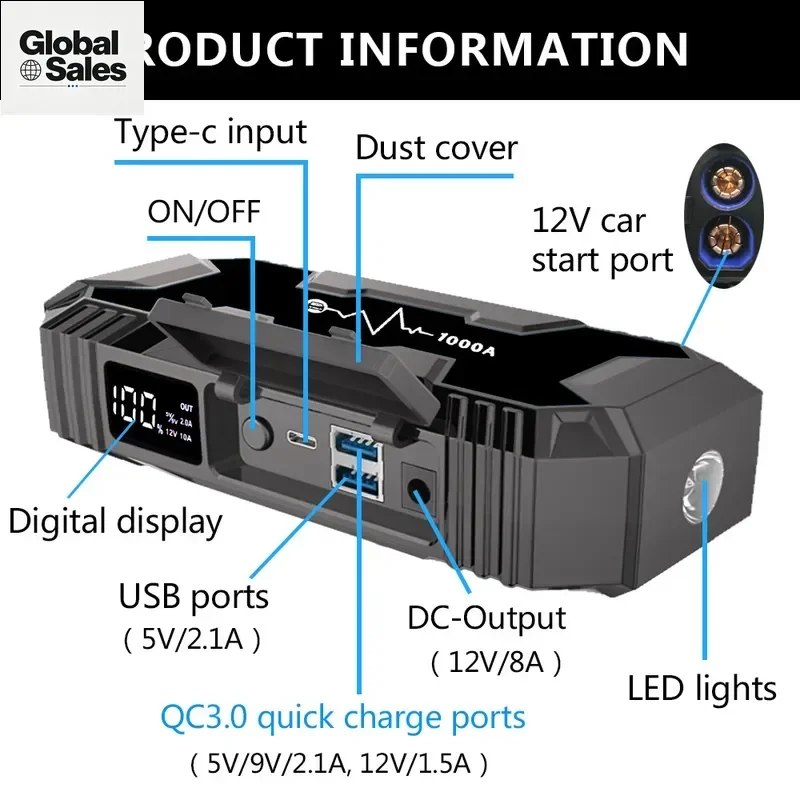 12V Multi-Function Car Emergency Start Power Supply 1000A 2000A 3000A Vehicle Power Supply