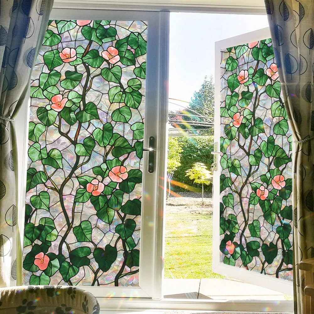 1 Packung Buntglas-Fensterfolie, Regenbogenprisma, Blumenmuster, Sichtschutz, statisch haftendes PVC – Dekoration für Badezimmer, Küche, Büro