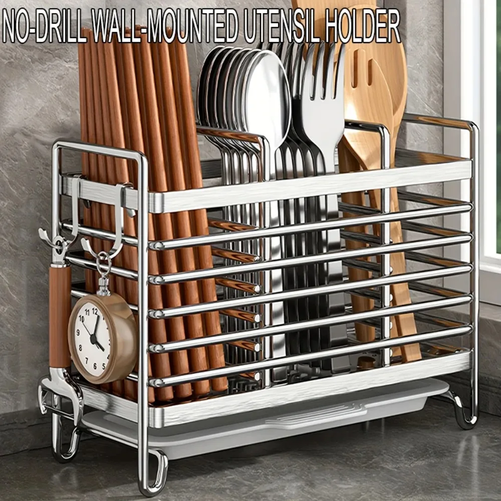 Porta utensilios de acero inoxidable para montar en la pared sin necesidad de taladrar, organizador de cubiertos que ahorra espacio, ideal para cocinas pequeñas.