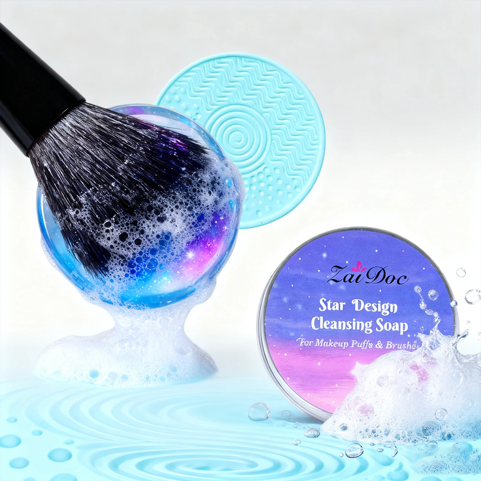 ZaiDoc Makeup Brush Cleaning Soap Blue Starry or Pink Peach Oolong with Cleaning Pad 2-in-1 Solid Brush Cleaner Mat for Beauty Blender Sponge Makeup Gentle Deep Cleaning Tool