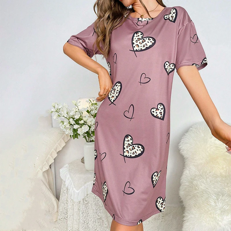

Casual Heart Print Satin Nightgown Short-Sleeve Round Neck Shirt Dress Breathable Fabric Suitable For Cozy Sleepwear Loungewear