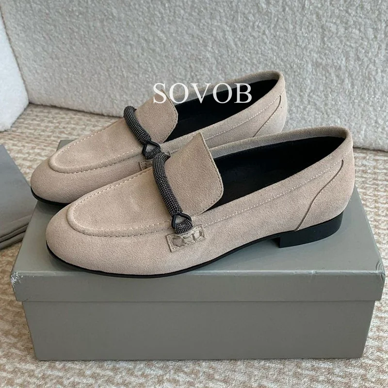 Women String Bead Decoration Lazy Loafers Spring Autumn Kid Suede Round Toe Flat Daily Office Commuting Shoes Driving Shoes