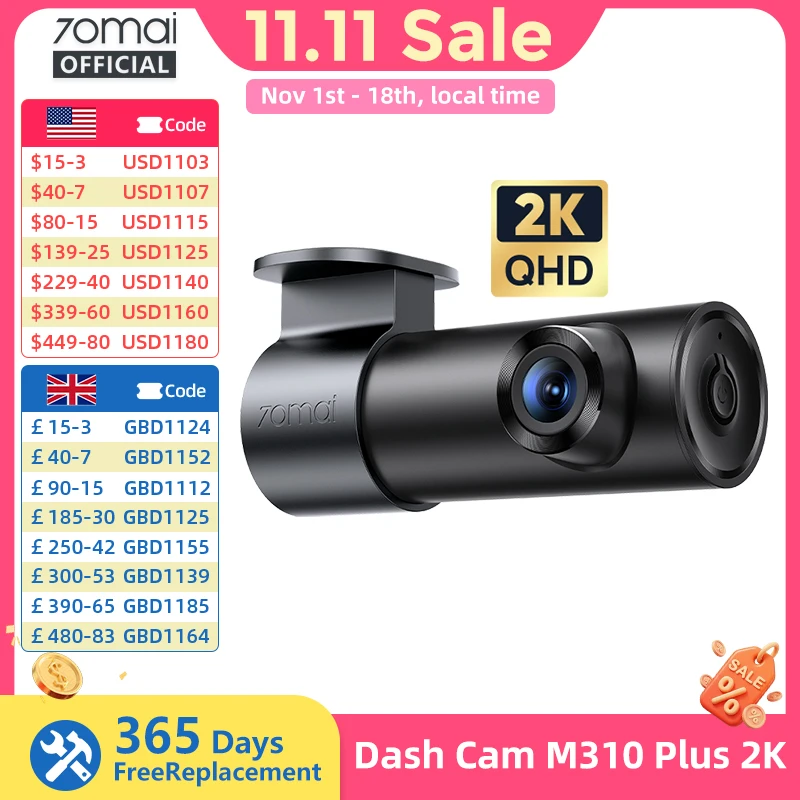 70mai M310 Plus 2K 1440P Dash Cam 143°FOV f/1.55 Large Aperture Smart Voice Control 24H Parking Guard Night Vision Car Camera