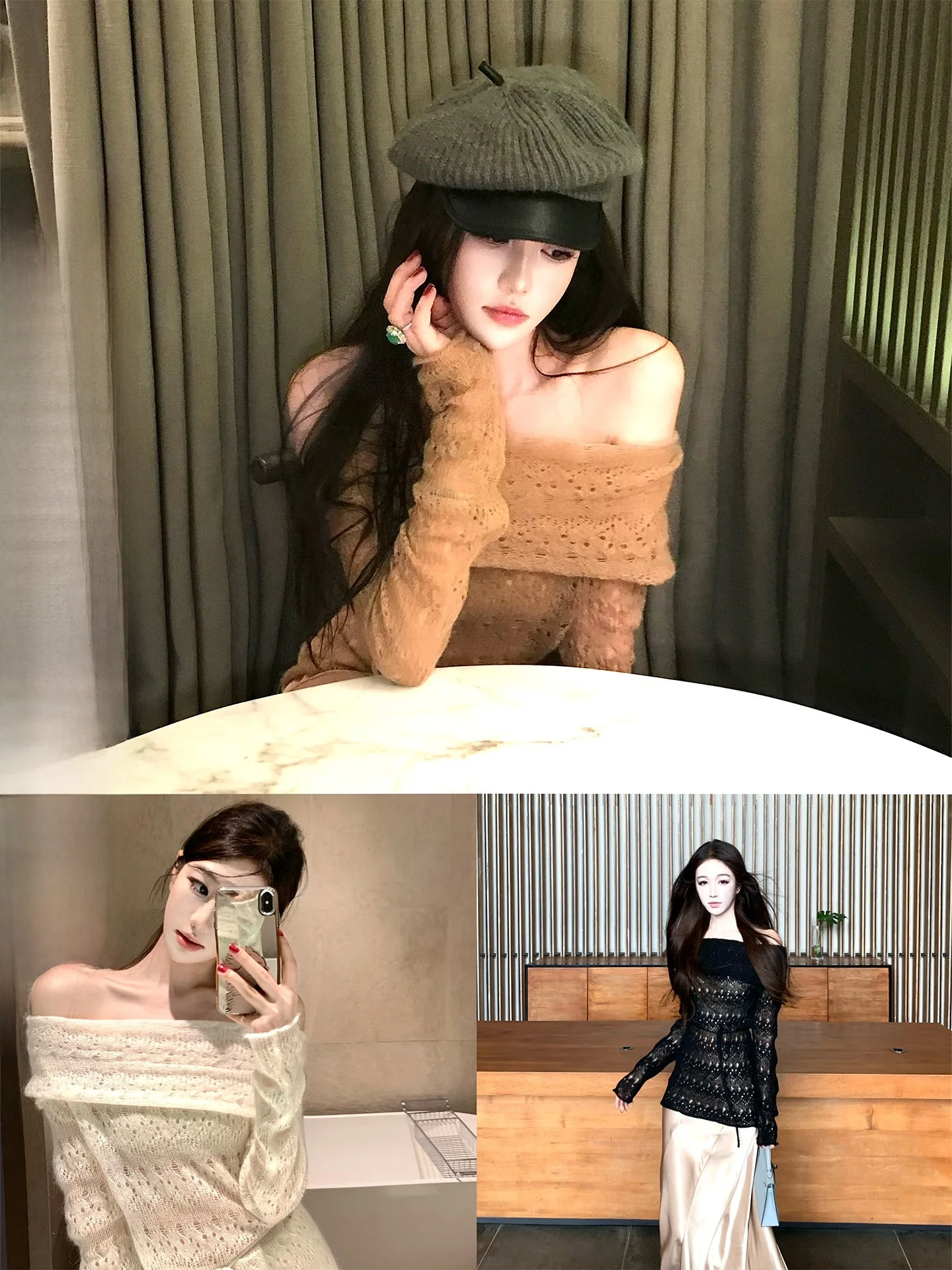 

Amor Pure Desire Spring Summer Knitted Sweater Women's Slim Fit One Shoulder Mouton Hair Translucent Commute Style Long Sleeve