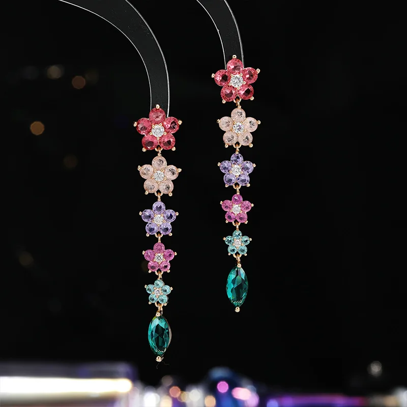 Colorful Ice Crack Flower S925 Silver Needle Elegant Long Tassel Gradient Pink Purple Heavy Craft Earrings for Women